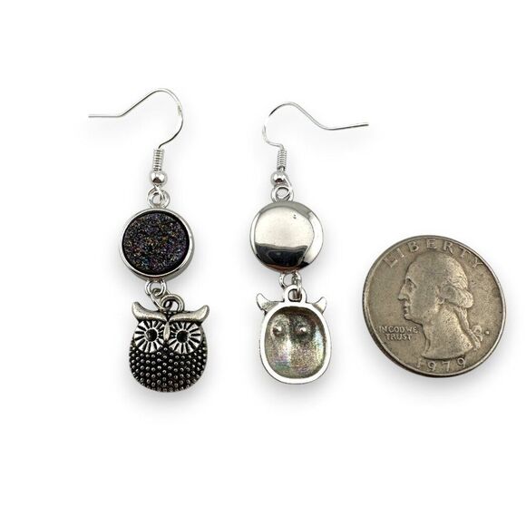 Peacock Color Druzy & Owl Earrings 925 Sterling Silver Ear Wires - Picture 6 of 10